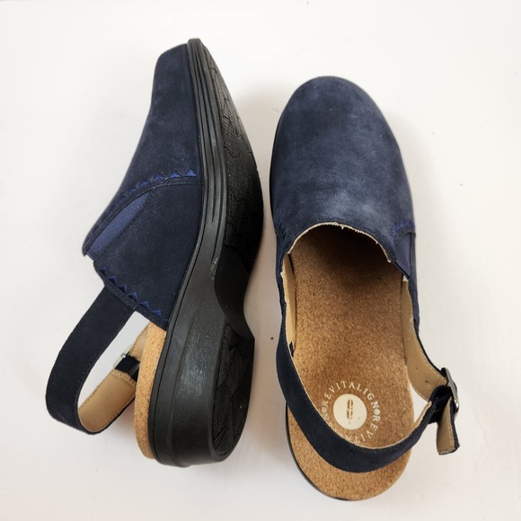 REVITALIGN Shoes - Revitalign Women's Navy Suede Slingback Clogs Cork Wedge Comfort Shoes Size 9.5